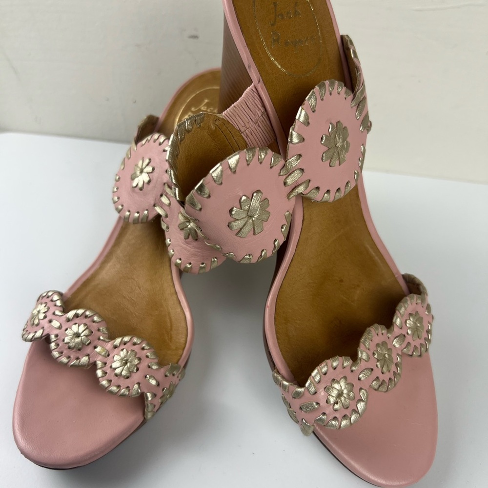 Jack Rogers Luccia Pink Leather Wedge Sandals Size 9.5 Wooden Heel